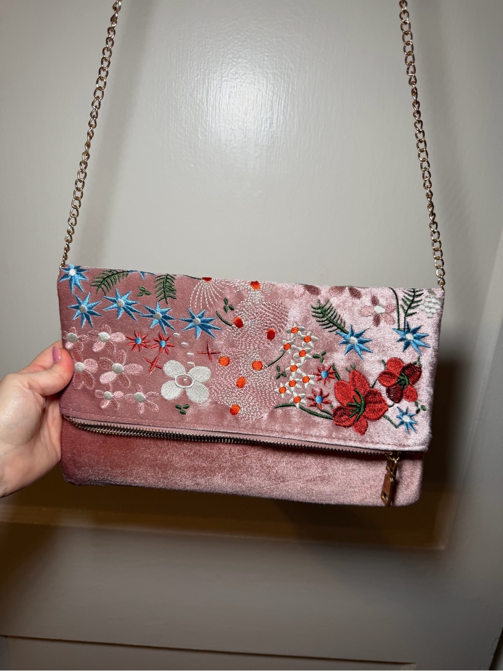 Embroidered Floral Velvet Crossbody Bag - Pink
